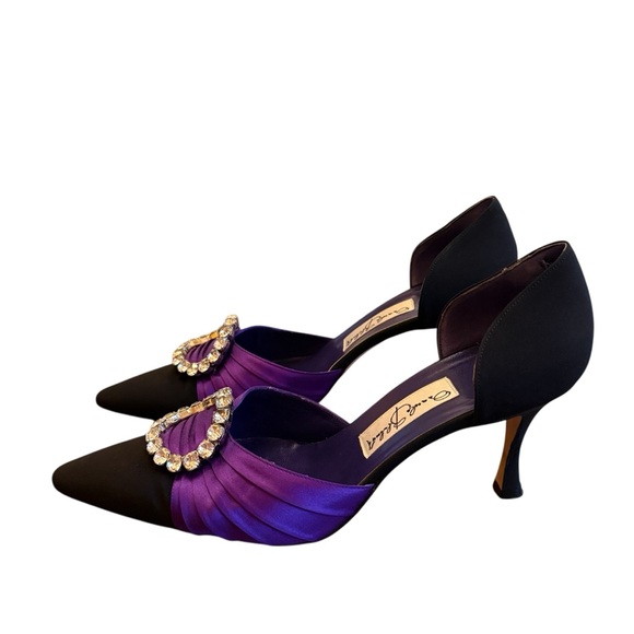 Manolo Blahnik Black and Purple Sedara Satin D'Orsay Pumps EU 39.5 US 9.5 - Picture 4 of 10